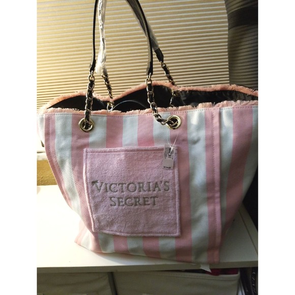 VICTORIAS SECRET Pink White Striped Chain Tote Bag Travel Beach Pool - Picture 1 of 9